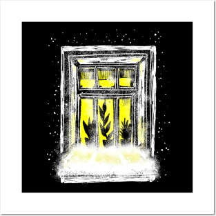 A winter window with a bright light. Christmas and new year drawing Posters and Art